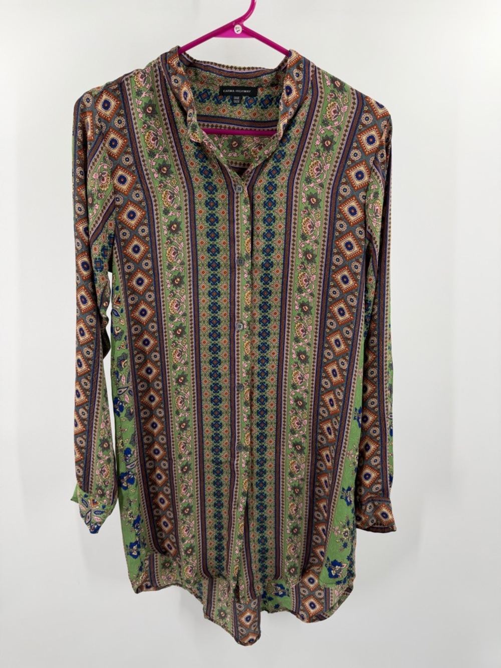 Karma Highway bohemian colorful geometric floral button down mini dress tunic OS